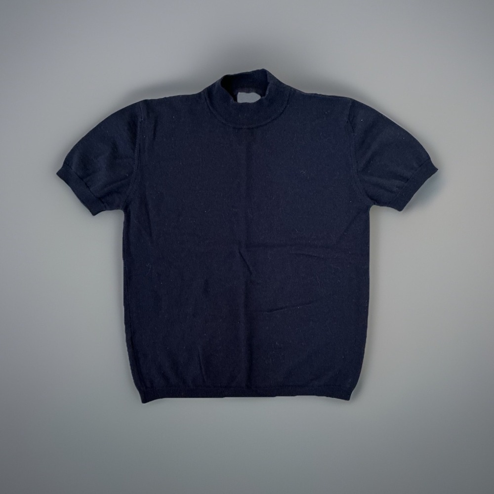 Canda Knit Top Mock Neck Short Sleeve Pullover Sweater Navy Blue L‎